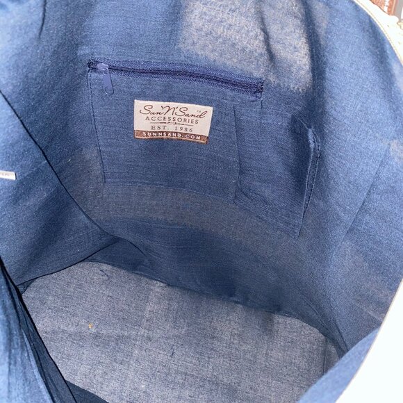 SunNSand Woven Jute Beach Tote Bag Zip Top Navy Tan Stripe 18wx14.5hx6.5"d EUC - Picture 9 of 9